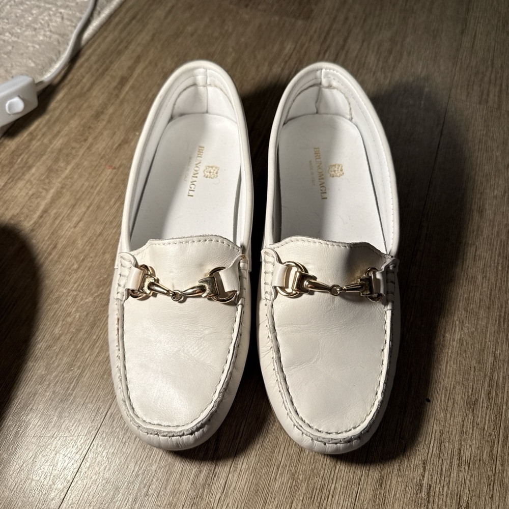 Bruno Magli White Loafers with Gold Detailing